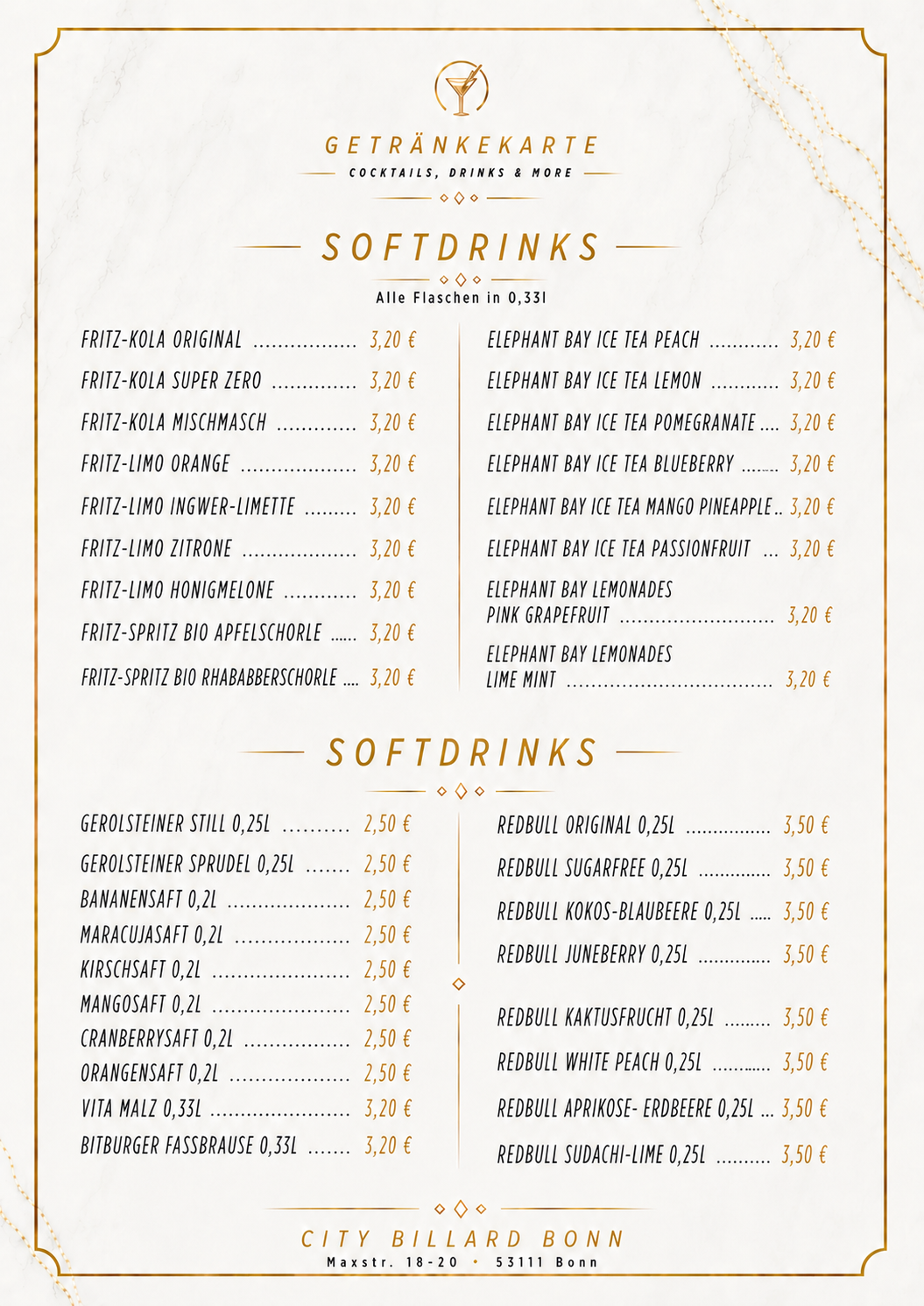 Getränkekarte Seite 1 – Softdrinks